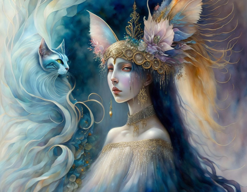 Mystical cat and ethereal woman in jeweled headdress on blue background