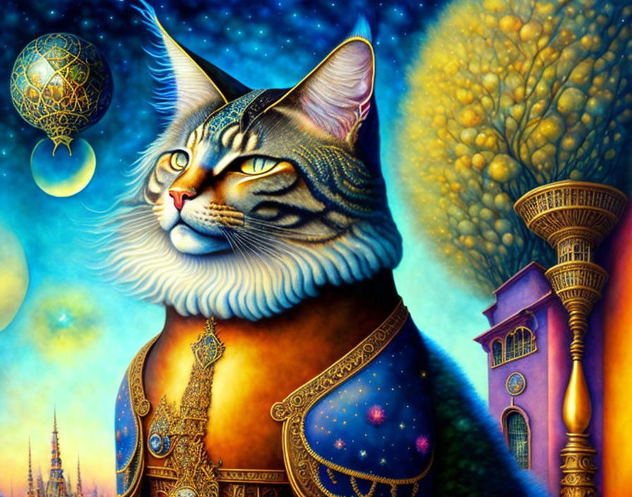 Colorful Artwork of Majestic Cat with Human-like Eyes in Cosmic Setting