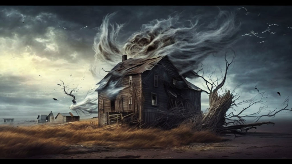 Weathered house with peeling roof in stormy landscape