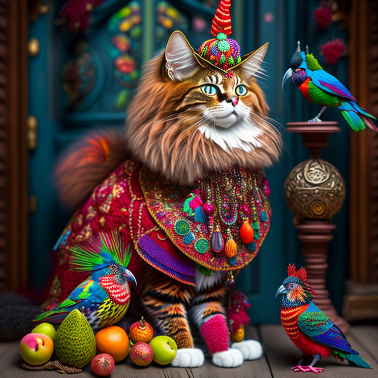 Colorful Cat with Birds, Fruits, and Pottery Against Blue Door