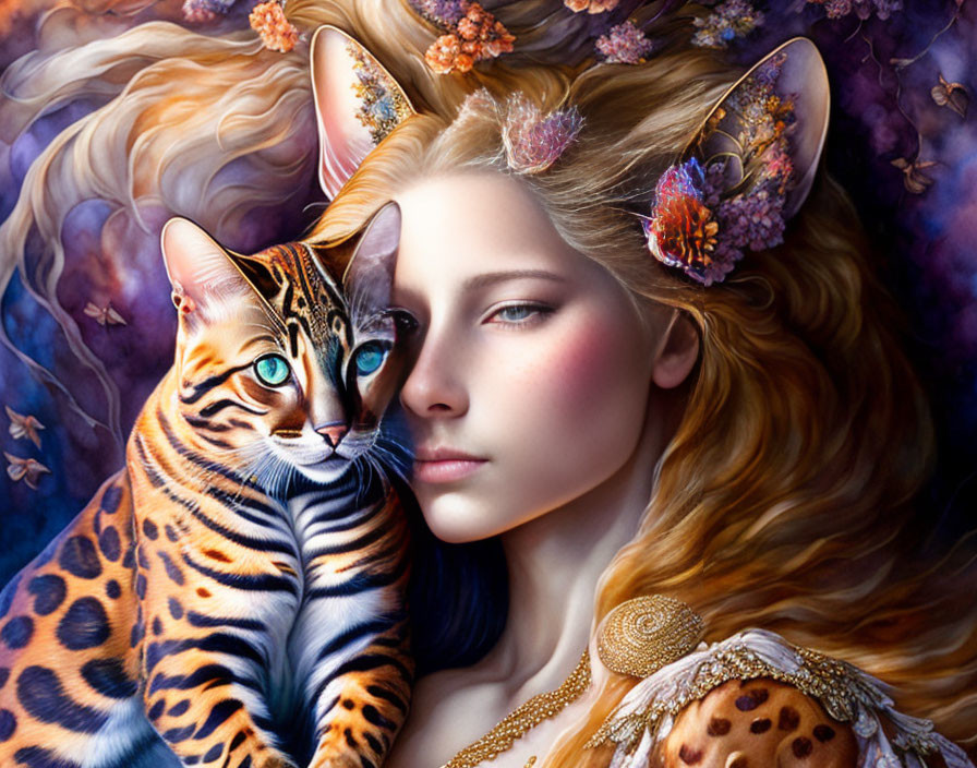 Fantasy illustration of woman with golden hair and Bengal cat in purple floral setting