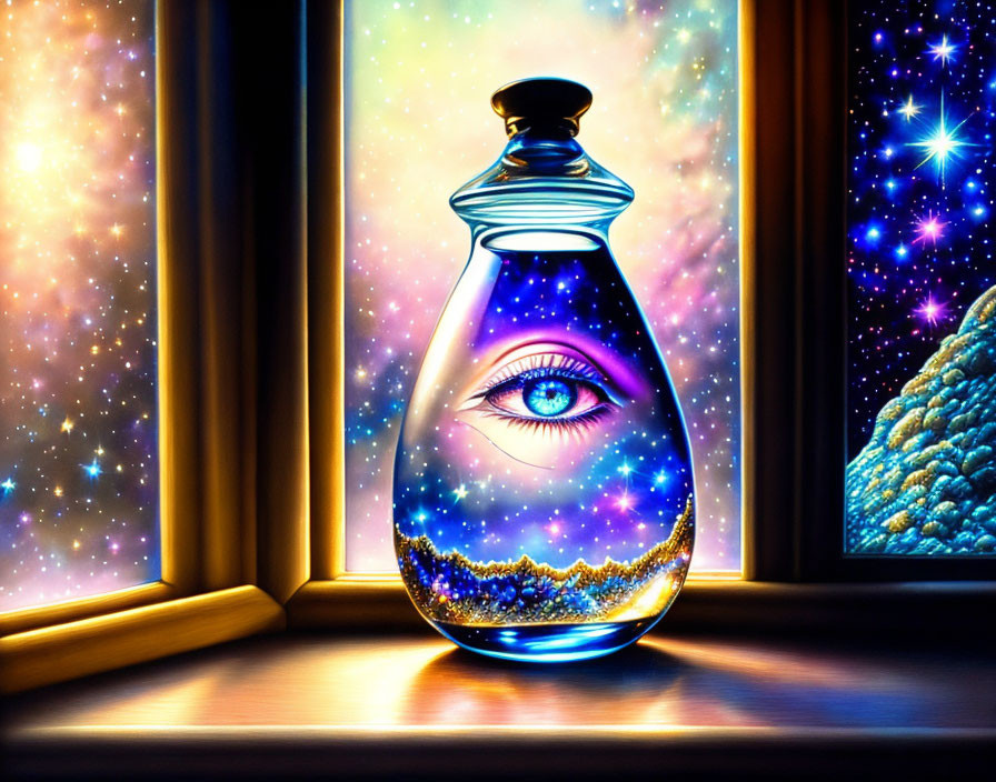 Colorful digital artwork: Transparent jar with eye, cosmic background, stars, nebulas.