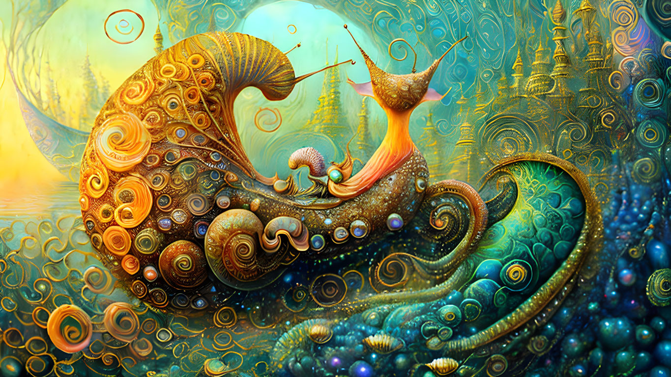 Colorful surreal artwork: Stylized snail with patterns, humanoid figure playing instrument on shell in