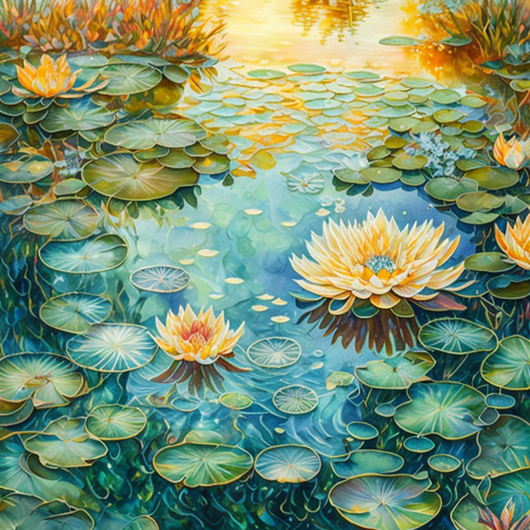 Tranquil pond with blooming water lilies and lilypads at sunset