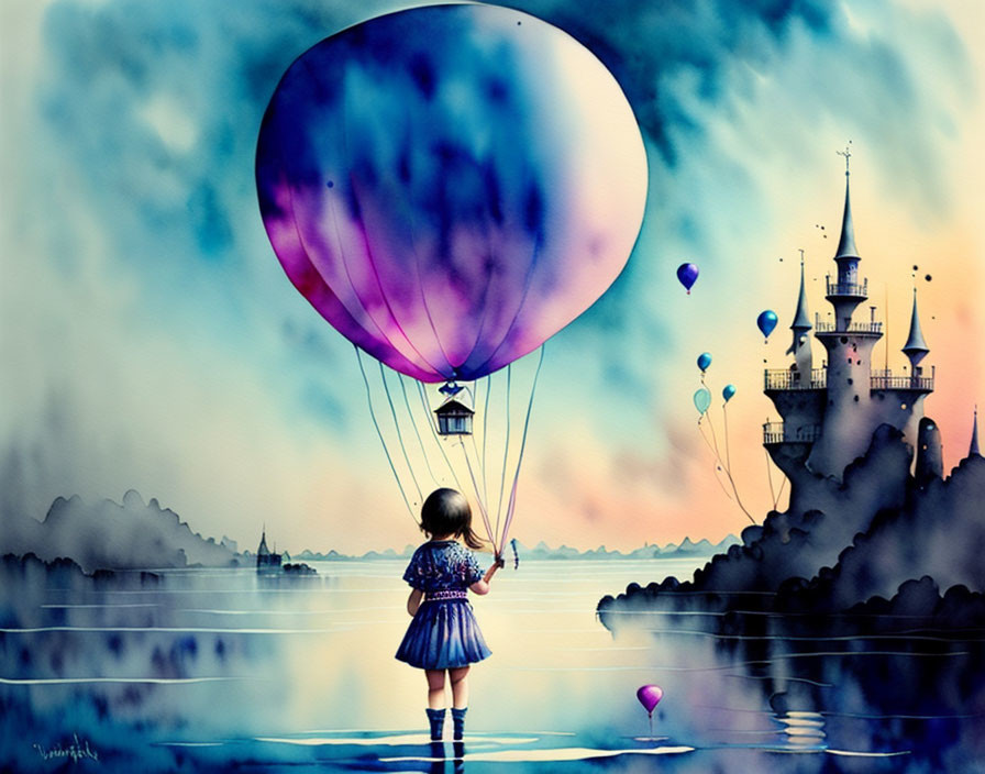 Young girl by serene lake with castle, balloons, and cloudy sky