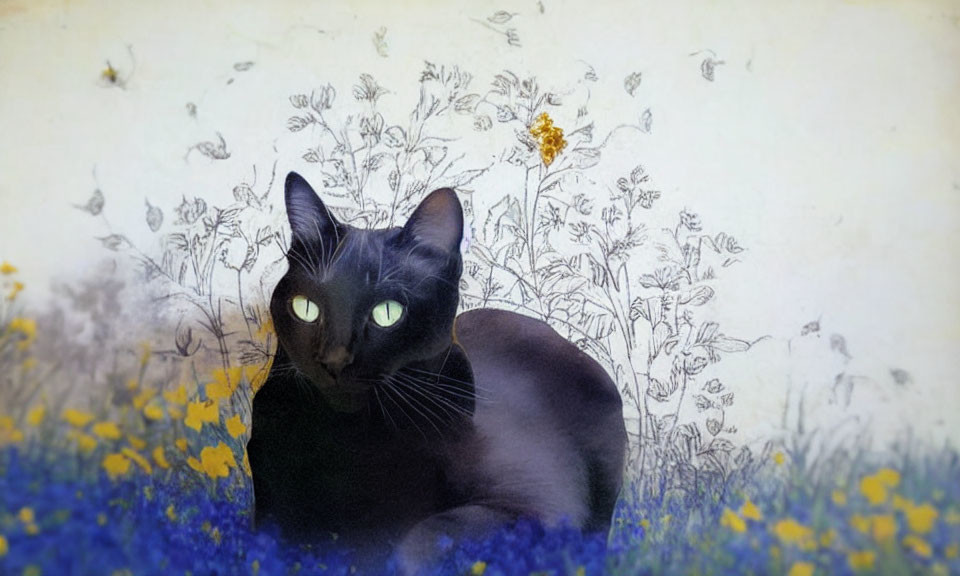 Black Cat with Green Eyes Surrounded by Blooming Flowers and Sketched Flora