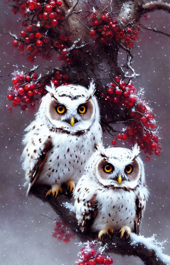 Snowy owls perched on branch with red berries and snowflakes on gray backdrop