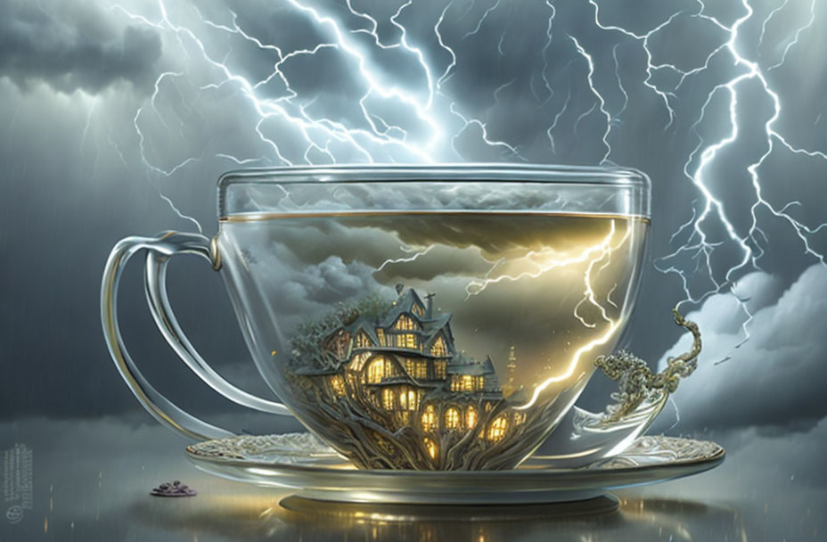 Surreal artwork featuring transparent tea cup under stormy sky