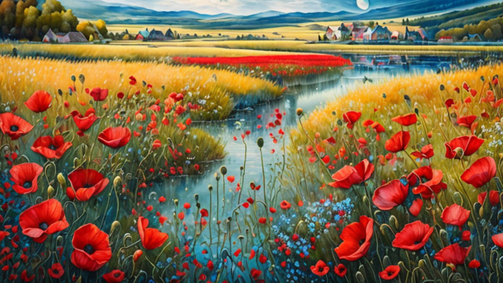 Colorful rural landscape painting with red poppies, golden wheat, blue river, and farmhouses.