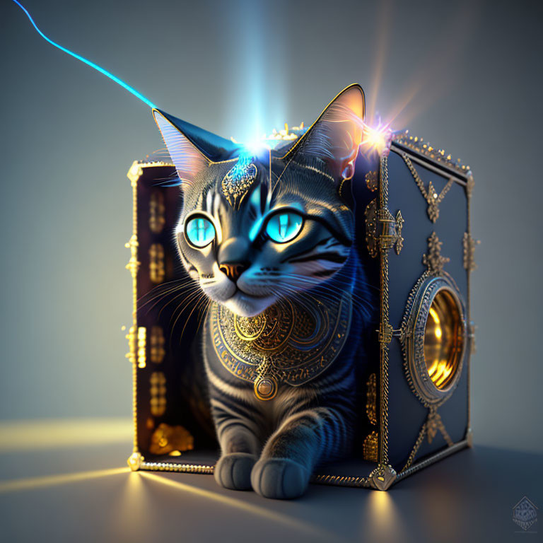 Stylized digital art: Cat with ornate patterns and glowing eyes connected to mystical cube.