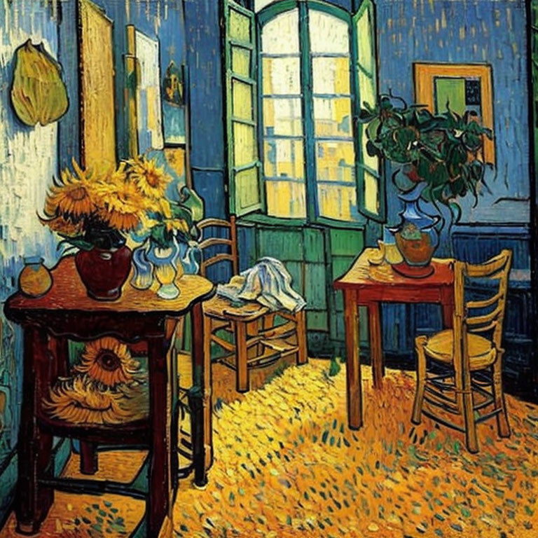 Colorful Expressionist Painting of Room with Yellow Floors and Blue Wall