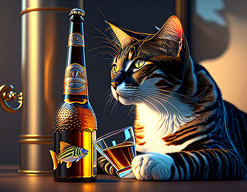 Striped cat beside beer bottle and fish-shaped item on warm background