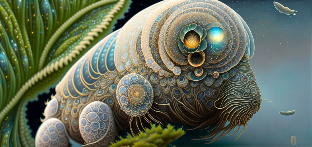 Detailed surreal creature with patterned shells under starry sky