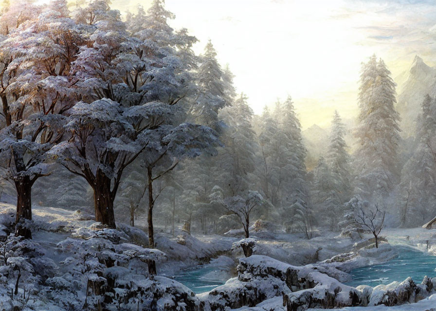 Winter landscape with snow-covered trees and frozen river