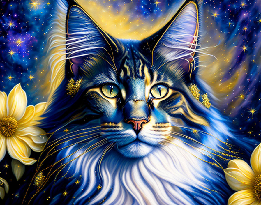 Majestic blue and white fur cat in cosmic starry scene