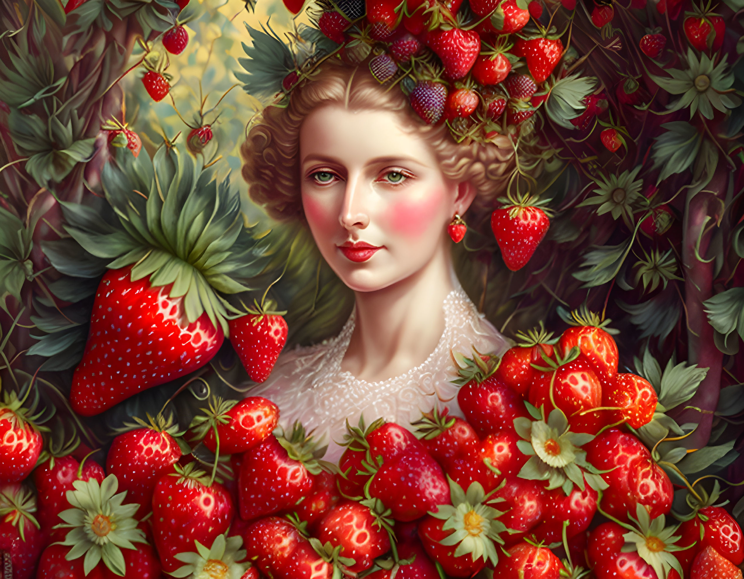 Illustrated portrait of a woman in strawberry-themed attire among lush plants