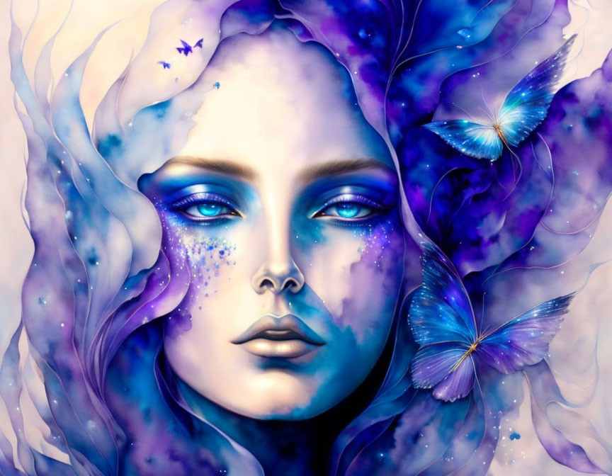 Colorful woman's face in cosmic purple hues with stars and butterflies.