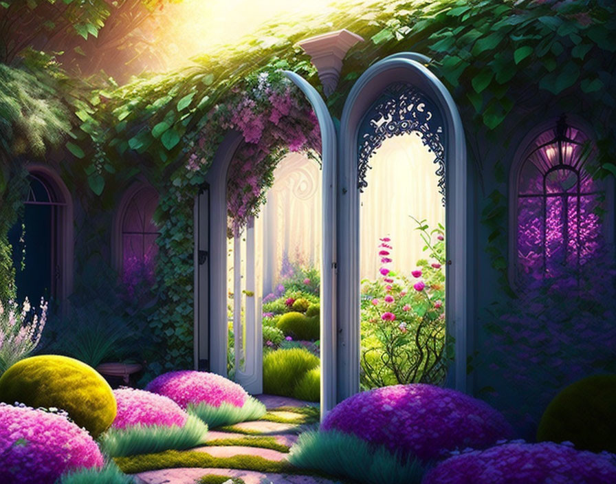 Ornate door opens to vibrant magical garden