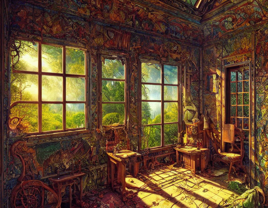 Sunlit ornate room with wall paintings, wooden furniture, and green view.