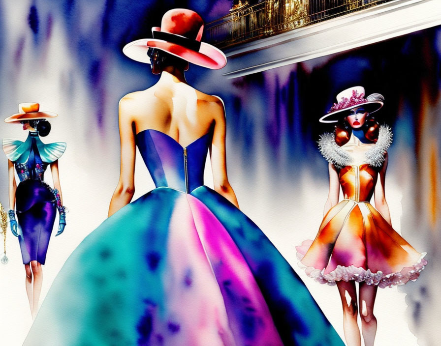 Vibrant fashion illustrations of women in elegant dresses and stylish hats