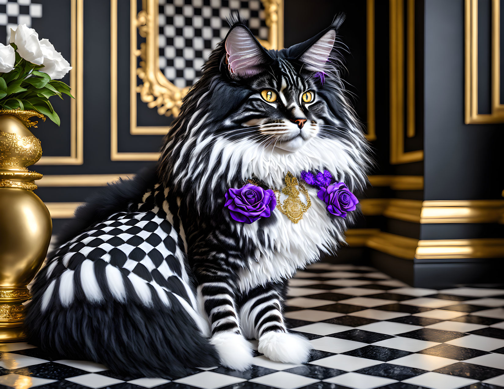 Long-Haired Cat with Black and White Fur, Purple Roses, and Gold Jewelry in Elegant Room