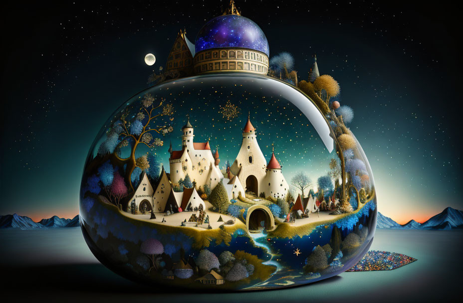 Miniature whimsical village terrarium with castles under starry sky.