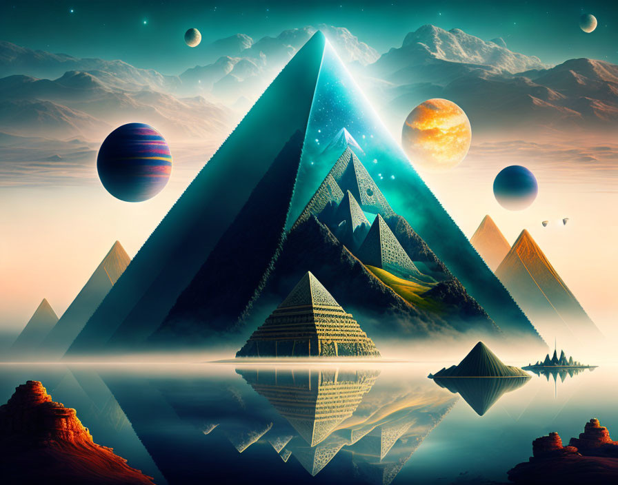 Surreal landscape with pyramids, celestial bodies, and triangular mountain under otherworldly sky