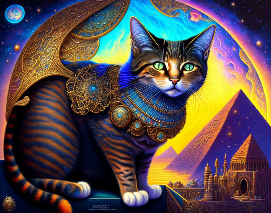 Colorful Cat Illustration with Cosmic Background and Egyptian Pyramids