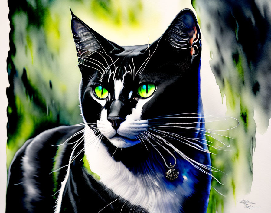 Realistic digital painting of black and white cat with green eyes and bell collar