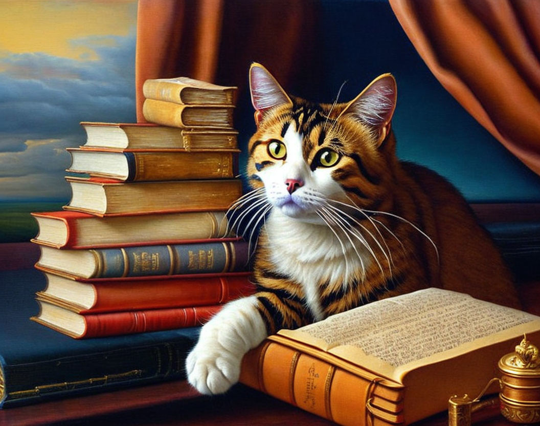 Realistic painting of large cat with striking markings and books against dramatic sky.