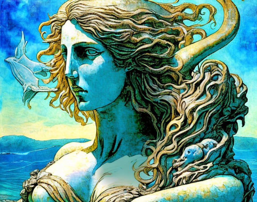 Mythical female figure with wavy hair and horn holding a dove on blue ocean backdrop