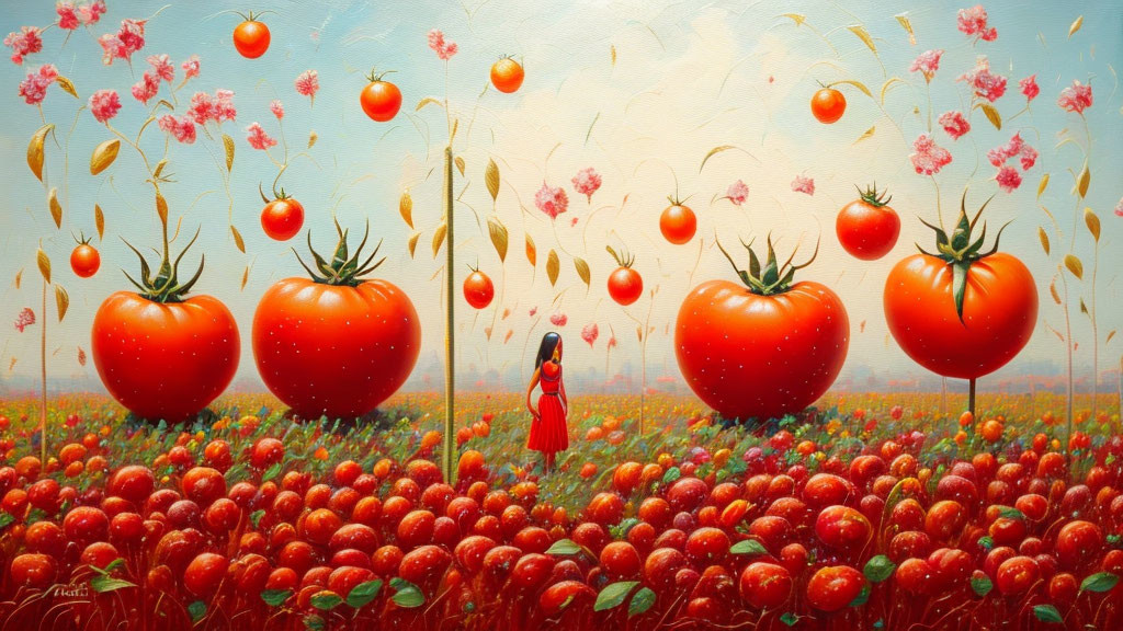 Whimsical painting: Oversized ripe tomatoes in a field with floating blossoms under a light sky