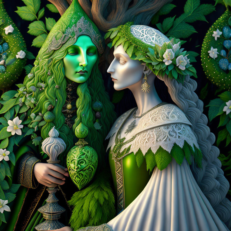 Intricately adorned female figures with nature-themed attire.