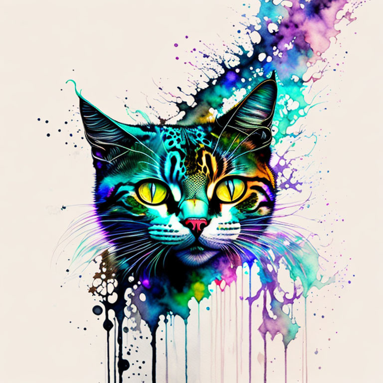 Colorful Cat Face Artwork with Intricate Patterns and Watercolor Splashes