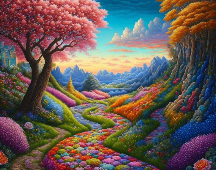 Colorful surreal landscape with flowering paths and whimsical trees