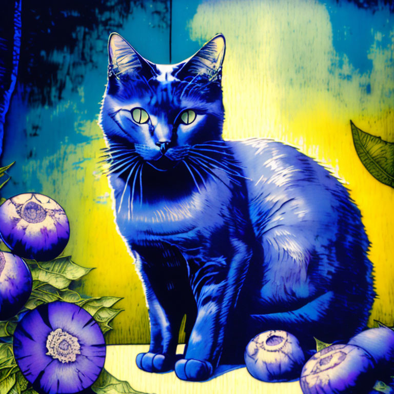 Stylized blue cat with piercing eyes on yellow and blue background with purple flowers