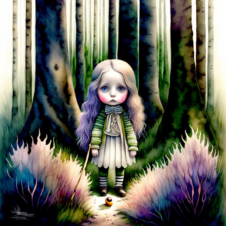 Purple-haired doll-like girl in colorful forest clearing surrounded by tall trees and vibrant plants