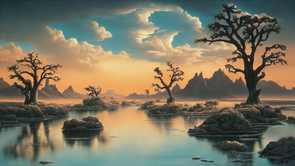 Tranquil landscape with calm waters, leafless trees, and golden sunset