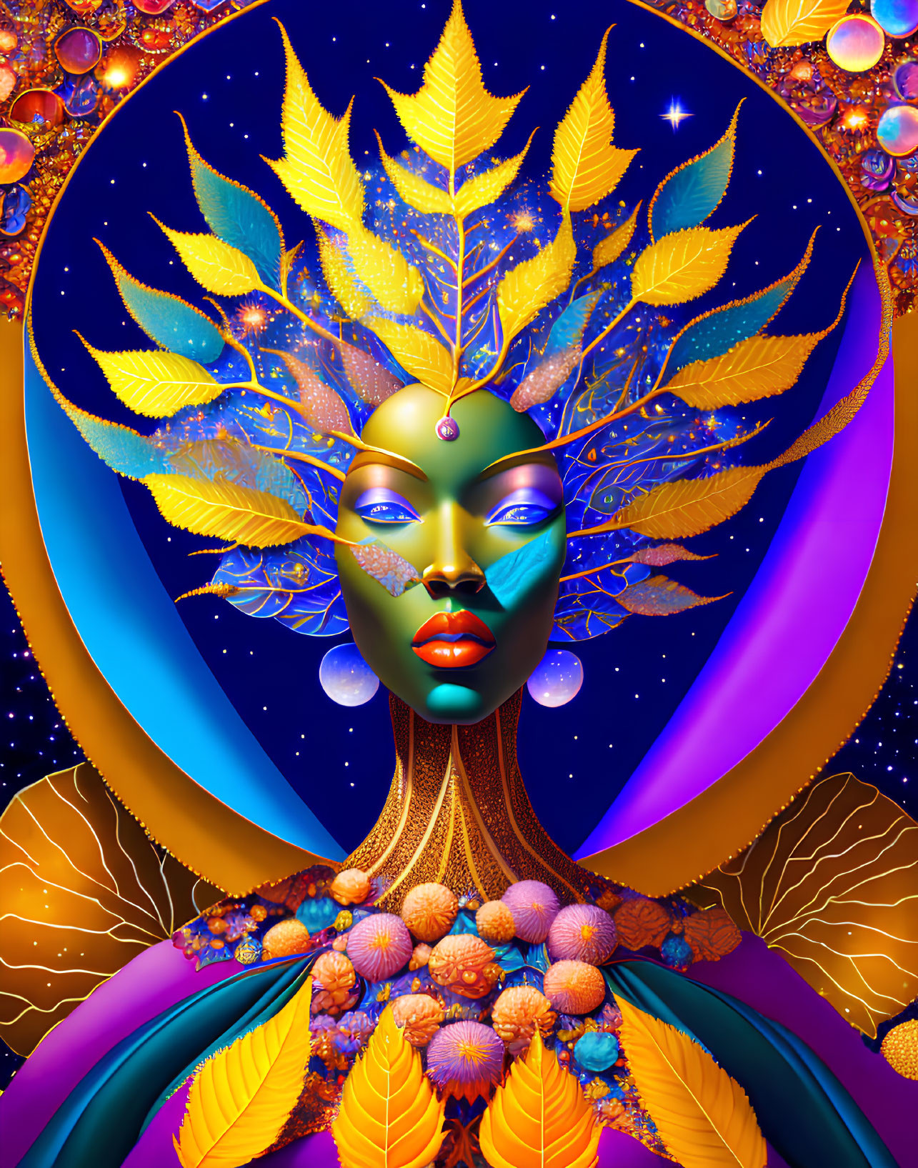 Surreal goddess-like figure with golden leaf crown in cosmic setting