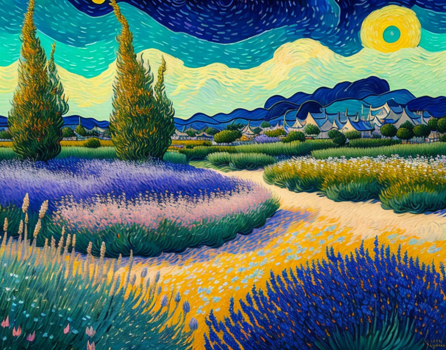 Colorful landscape painting with cypress trees, rolling hills, and lavender fields under a starry sky