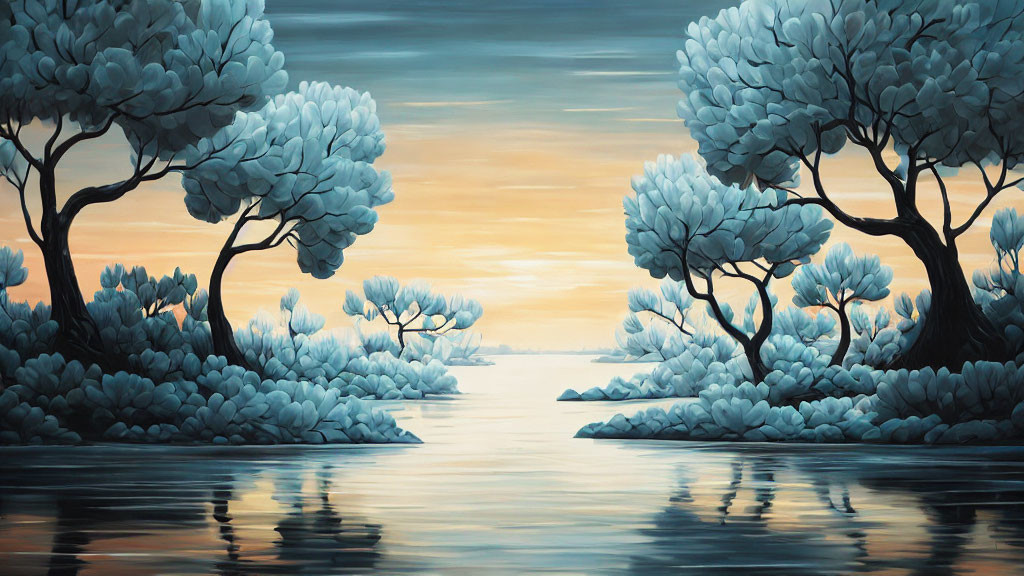 Twilight surreal landscape: blue trees, calm water, orange sky