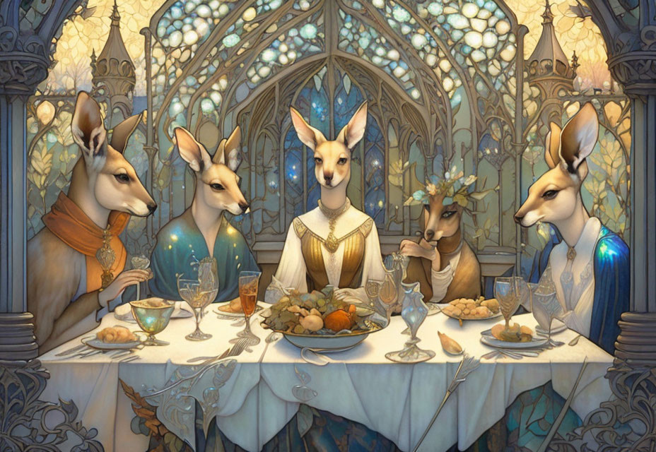 Anthropomorphic kangaroos at elegant banquet in Gothic-style room