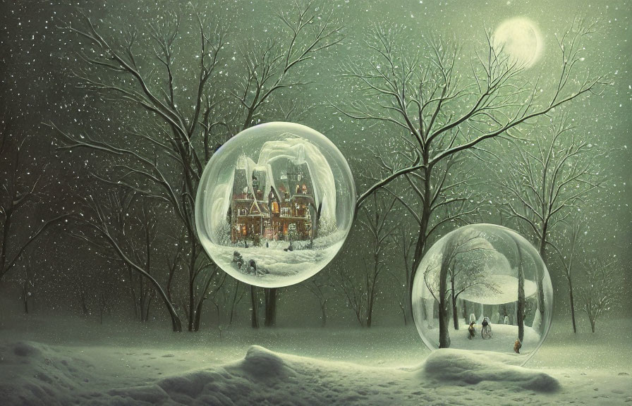 Snow globes depict cozy house and figures in serene winter landscape