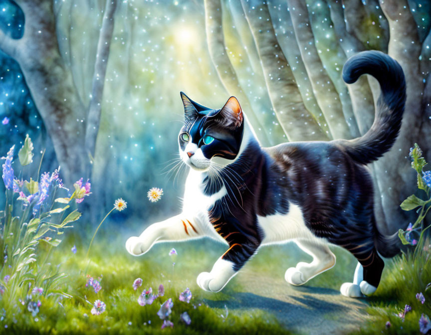 Majestic black and white cat in whimsical forest with glowing dandelions