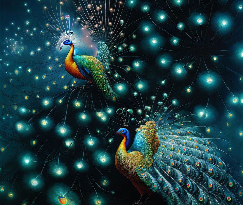 Colorful peacocks with glowing feathers on mystical dark background