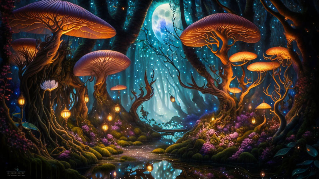 Enchanting Moonlit Forest with Giant Mushrooms and Glowing Orbs