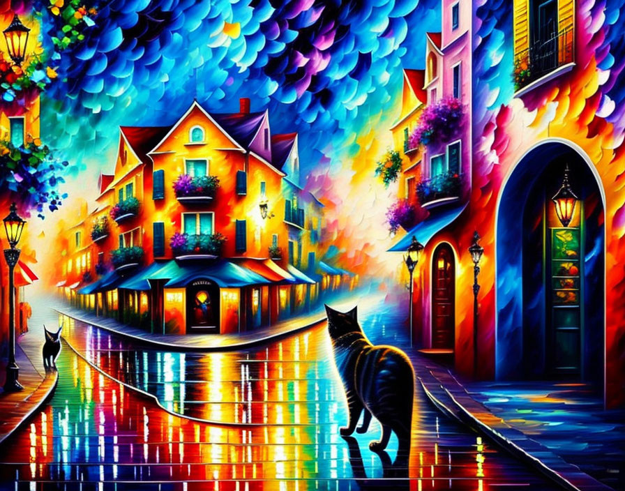 Colorful night scene: wet cobblestone road, reflecting lights, houses, cats, multicol