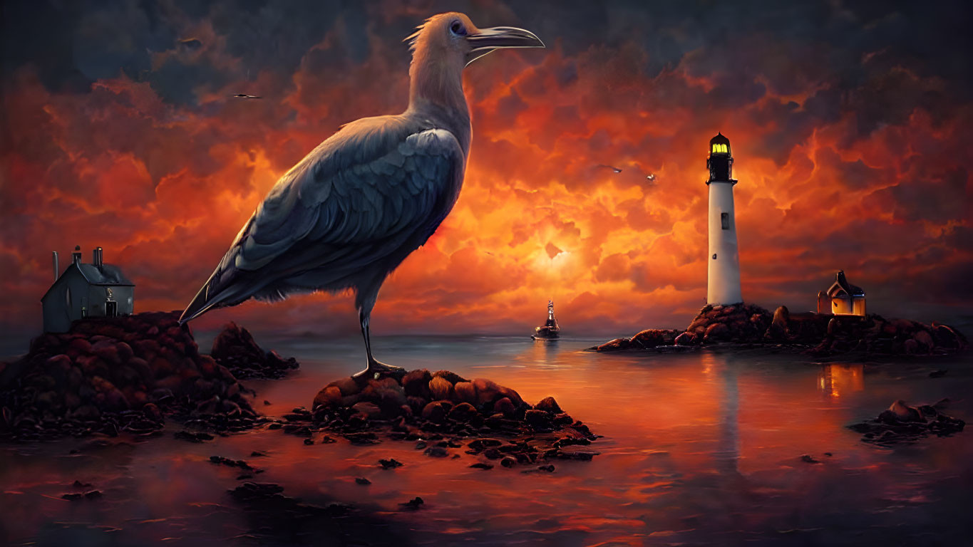 Majestic bird by shoreline at sunset with lighthouse, houses, and ships in fiery sky