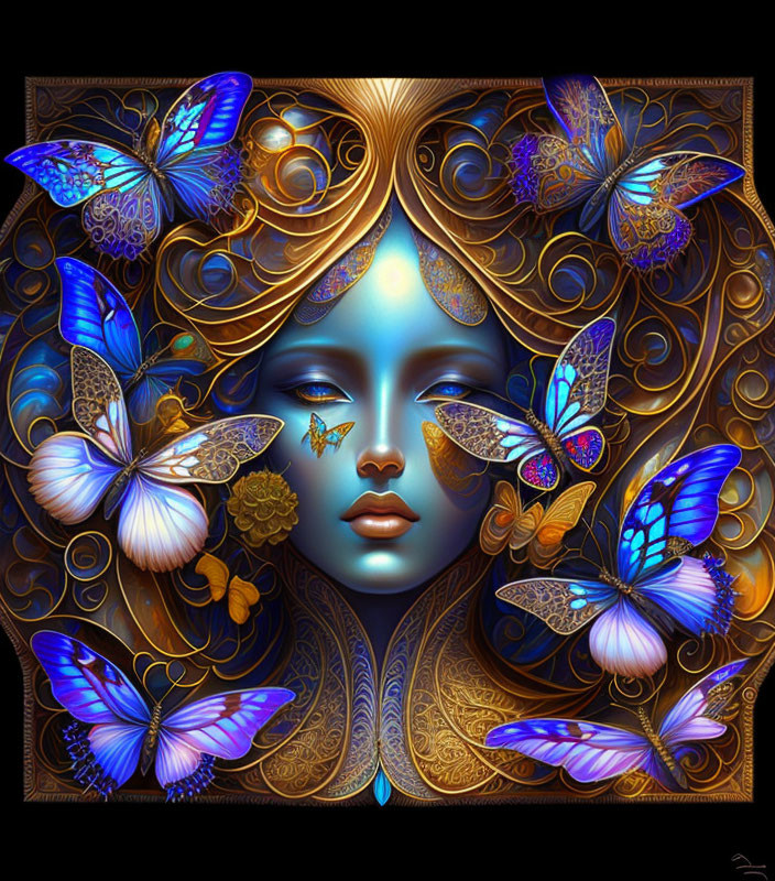 Digital artwork of woman's face with golden patterns and blue butterflies on dark background