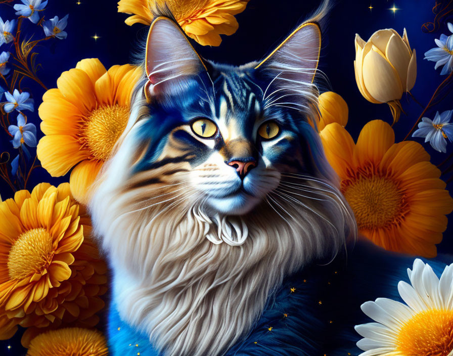 Majestic cat surrounded by yellow flowers on starry night sky